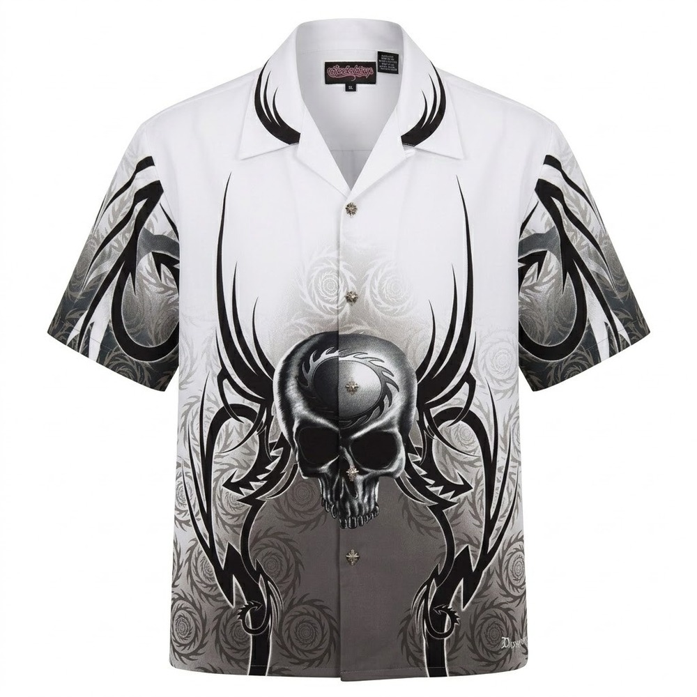 Sapphire Lounge Mens XL Tribal Skull Bowling Shirt White‎ Black Biker Y2K - CJ